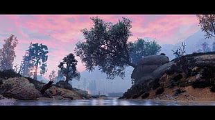 lake between trees digital wallpaper, horizon zero dawn ,  4K, video games, digital art