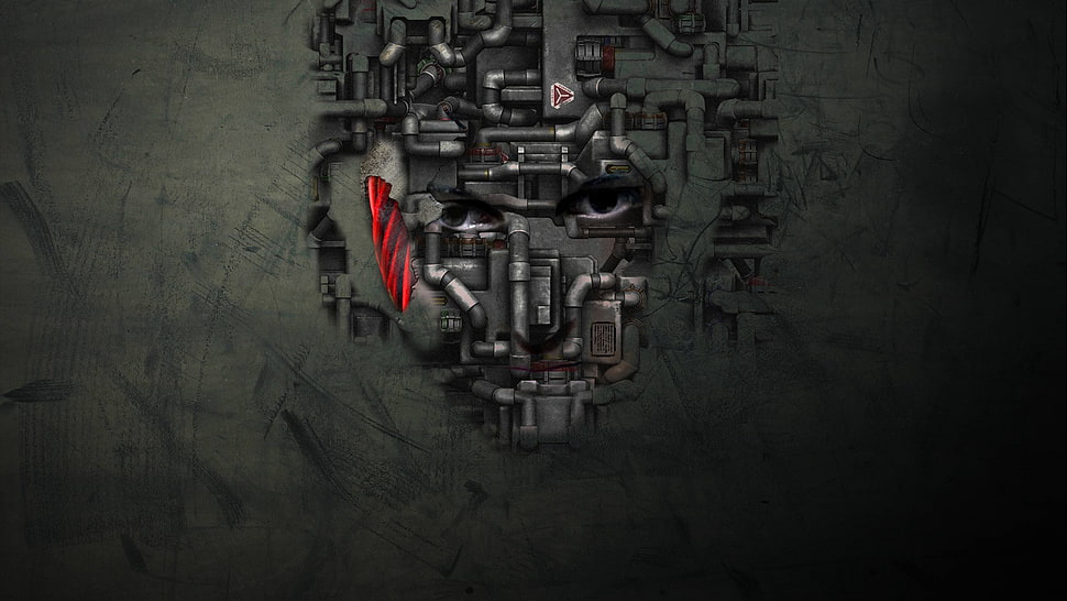gray and red game digital wallpaper, robot, wall, face, wires HD wallpaper