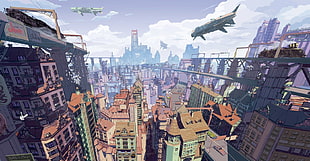 city buildings and plane digital artwork, science fiction