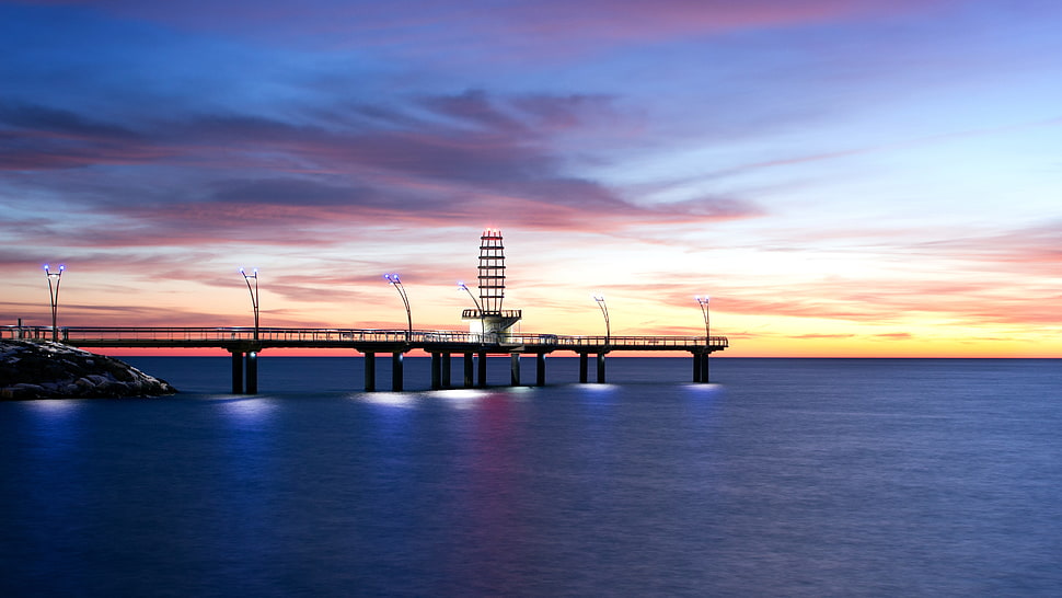 black bridge, landscape, dock, sea HD wallpaper