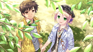 anime couple holding hands under tree
