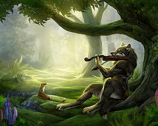 wolf playing piano while sitting bellow tree graphic picture HD wallpaper