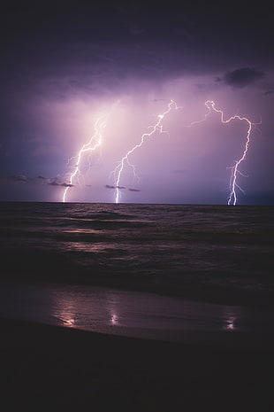 lightning, Lightning, Sea, Horizon HD wallpaper