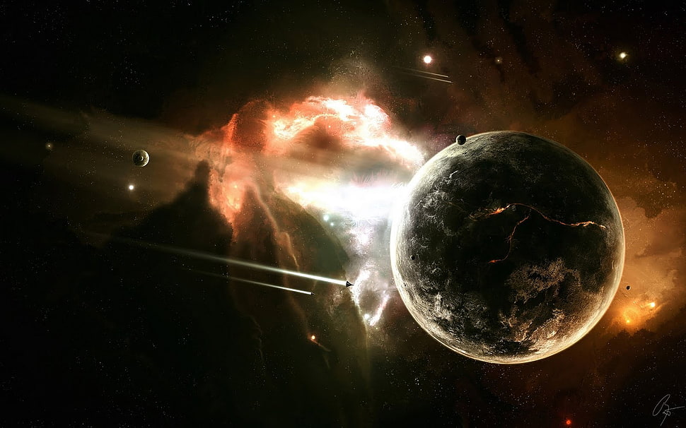 two black and brown stone fragments, space, planet HD wallpaper