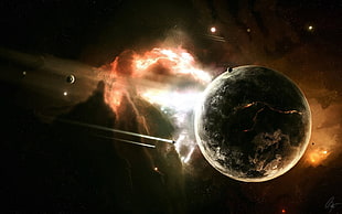 two black and brown stone fragments, space, planet