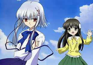 two women anime characters wearing white and yellow long-sleeved shirts sticker
