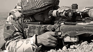 grayscale photo of a soldier holding rifle with scope, military, soldier, snipers, sniper rifle