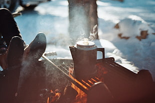 black kettle, camping, winter, campfire, outdoors