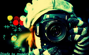 black Canon DSLR camera, camera, colorful, Canon, gloves