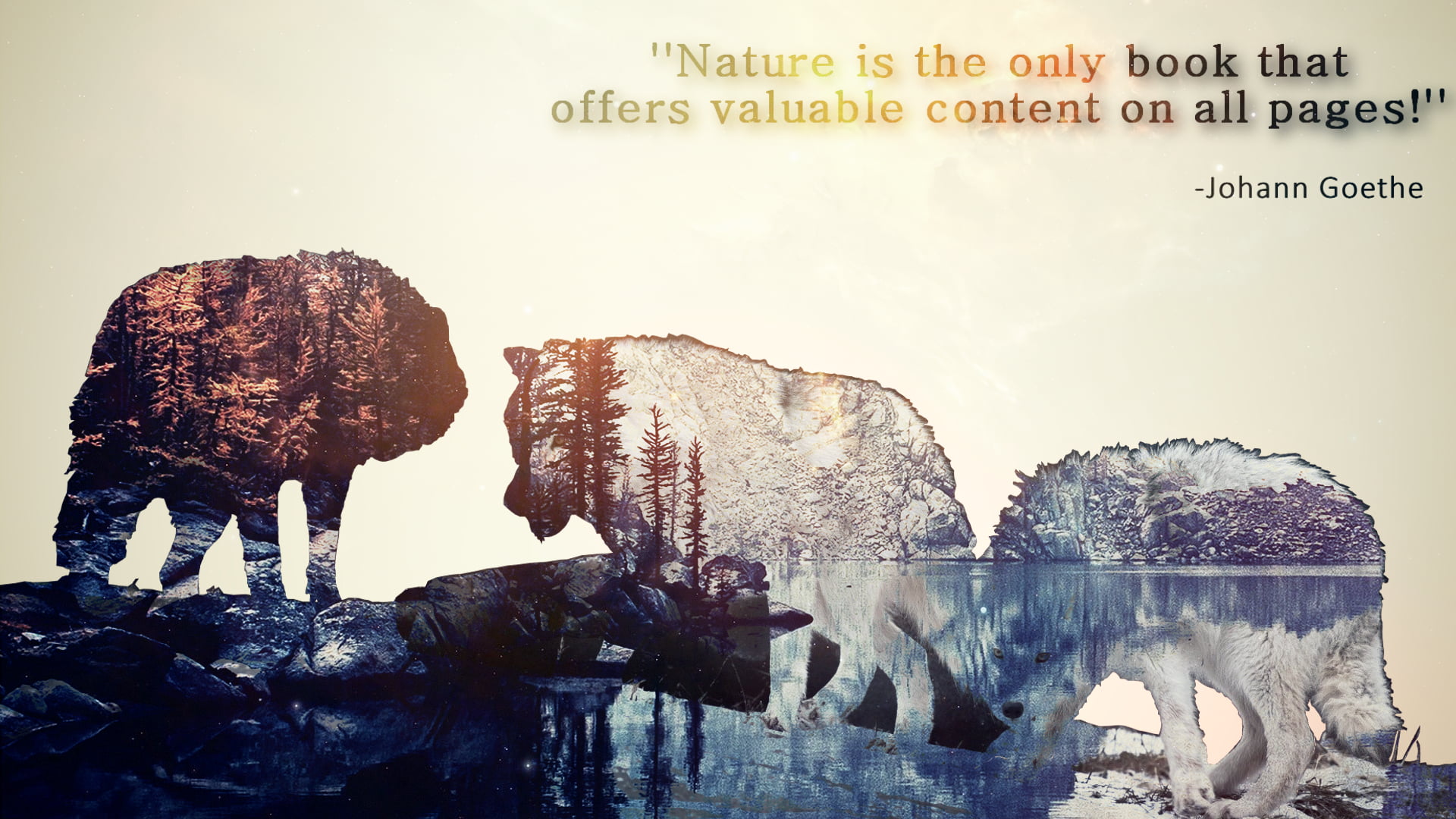 nature is the only book that offers valuable content on all pages by Johann Goethe text, nature, wolf, landscape, digital art