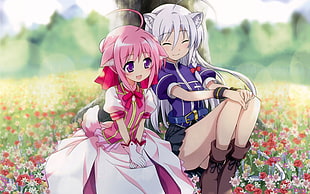 two girl wears purple and pink dresses sitting on flowers anime character wallpaper