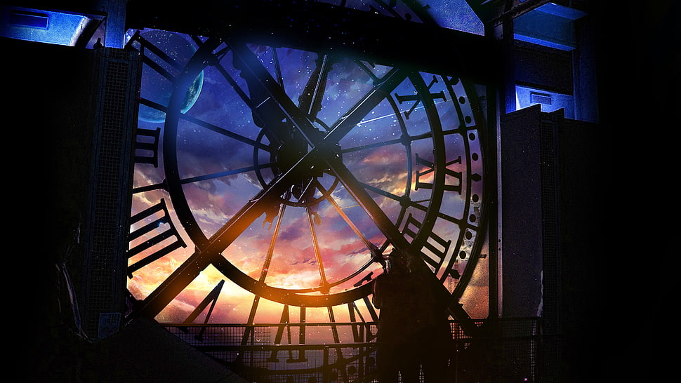 two person standing behind a giant clock painting HD wallpaper