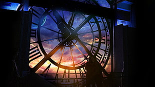 two person standing behind a giant clock painting