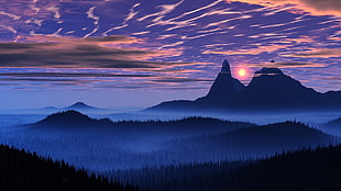 silhouette of foggy mountain, landscape, nature, blue, mist