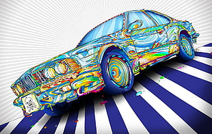 multicolored car illustration, artwork, car, BMW