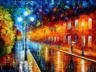 person holding umbrella walking on sidewalk near building painting, artwork, street, painting, Leonid Afremov