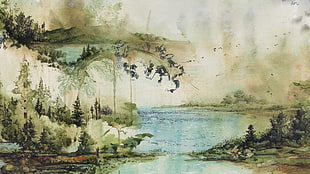 lake with trees painting