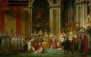 brown wooden framed glass panel display cabinet, Jacques Louis David, The Coronation of Napoleon and Josephine, painting, royal