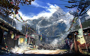 village with mountain painting