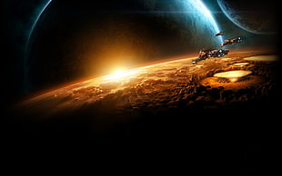 spaceships on space near two planets digital wallpaper, apocalyptic, science fiction, planet, nuclear
