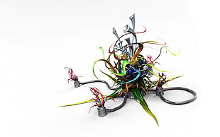 black and green quadcopter drone, digital art, shapes, abstract, white background HD wallpaper