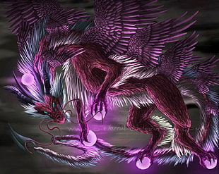 purple and white dragon digital wallpaper, dragon