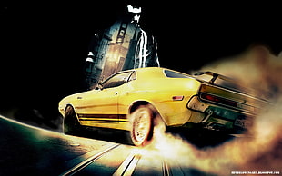 yellow coupe, car, vehicle, yellow cars, digital art