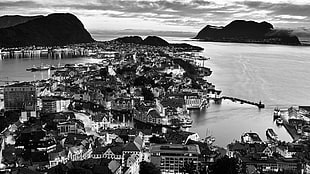 grayscale photo of city buildings, Norway, landscape, monochrome, mountains