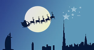 silhouette of Santa Claus and reindeers flying on sky near moon painting HD wallpaper