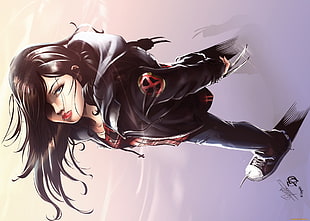 illustration of black haired woman anime