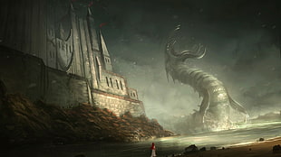 gray monster illustration, digital art, dragon, fantasy art, castle
