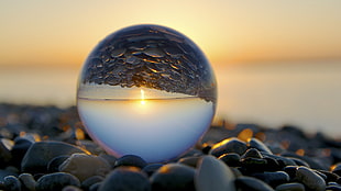 glass sphere, water drops, closeup, stones, marble