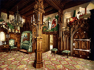 brown wooden column, architecture, interior, Neuschwanstein Castle, painting
