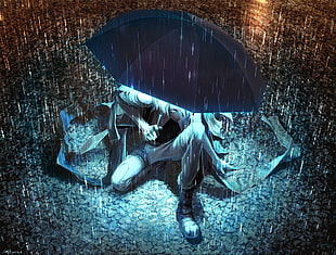 man in white under a umbrella during rain HD wallpaper