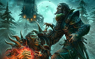 Orc holding choking the human poster HD wallpaper