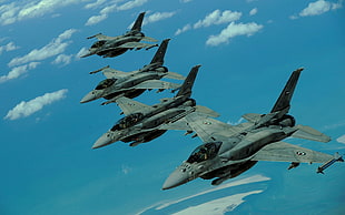 four gray aircrafts, jet fighter, military aircraft, military, airplane