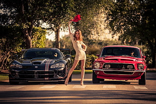 women's white long-sleeved dress, car, Ford Mustang Shelby, minidress, road