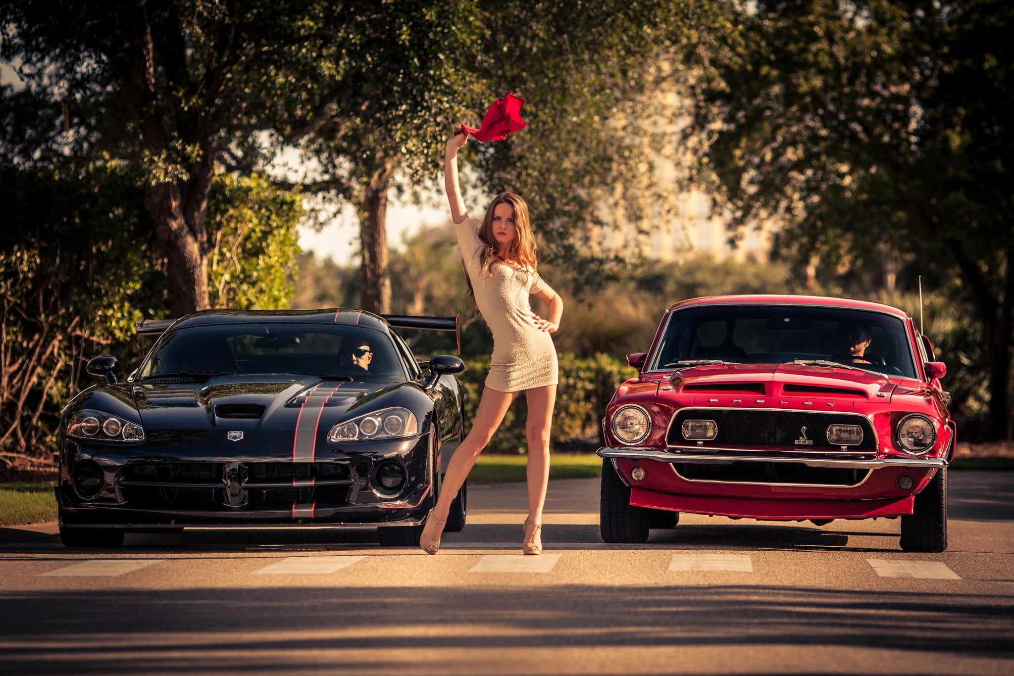 women's white long-sleeved dress, car, Ford Mustang Shelby, minidress, road