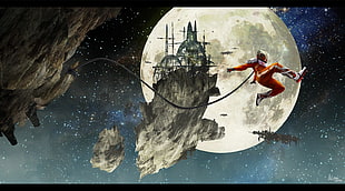 illustration of moon and castle, space, astronaut, Moon, wires
