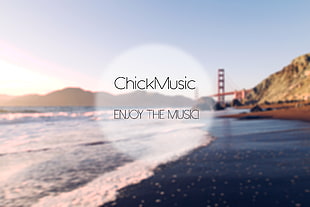 Chick Music text on Golden Gate Bridge background, San Francisco, bridge, beach, water HD wallpaper