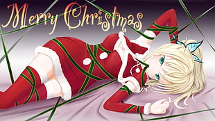 female anime character illustration with merry Christmas text overlay, knee-highs, holiday, blonde, Kashiwazaki Sena