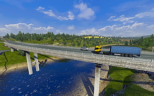 blue and yellow trailer truck, video games, Euro Truck Simulator 2, trucks, highway
