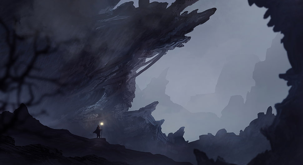 person holding torch illustration, fantasy art, lights, cave HD wallpaper