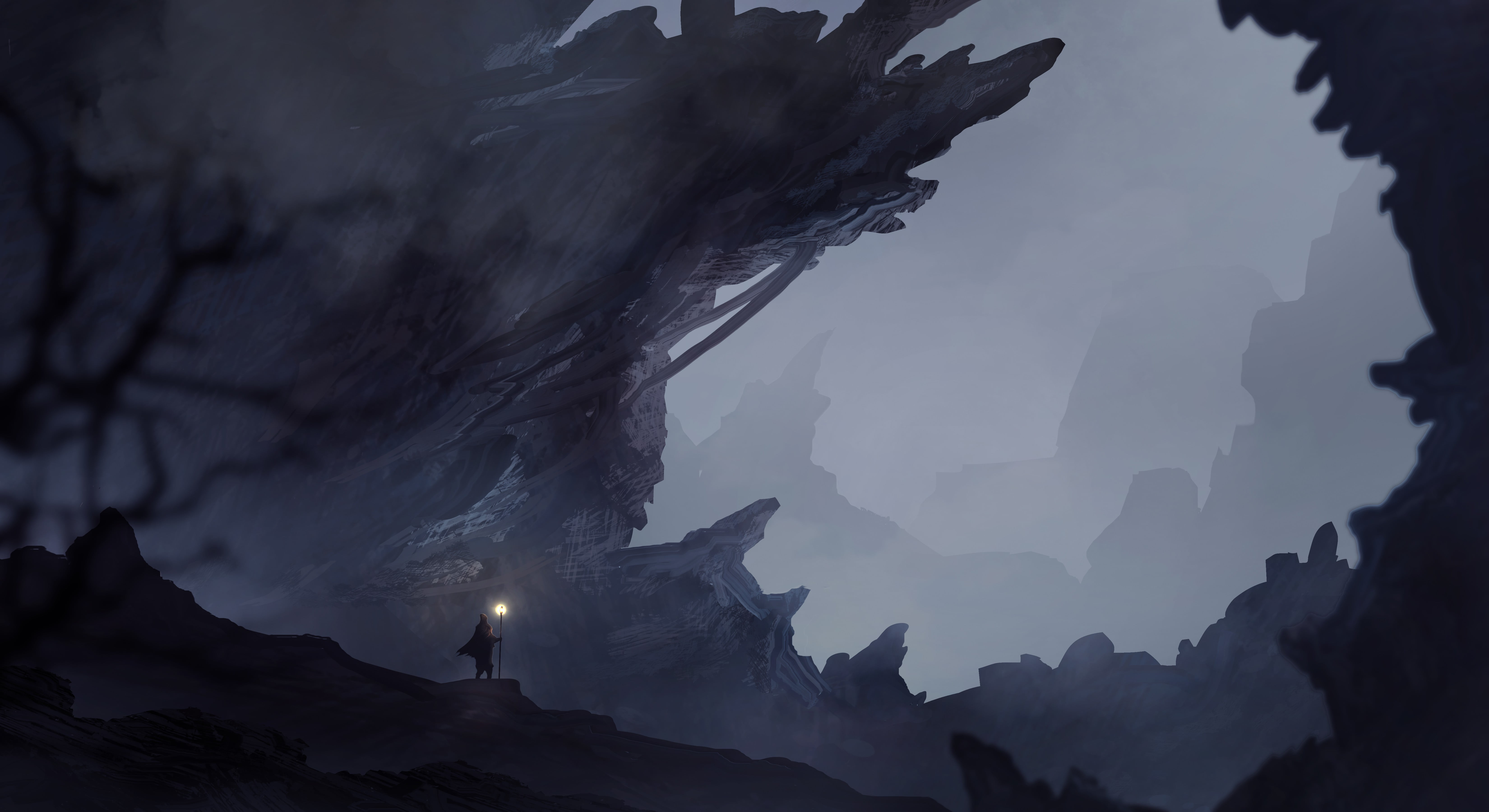 person holding torch illustration, fantasy art, lights, cave