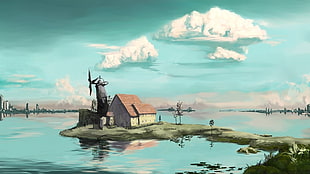 white and brown house near body of water, fantasy art