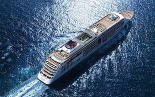 white cruise ship, aerial view, blue, sea, cruise ship HD wallpaper