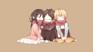 three girl and boy with red scarf illustration