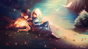 male and female cartoon character near body of water wallpaper
