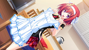 red haired anime girl holding white dress