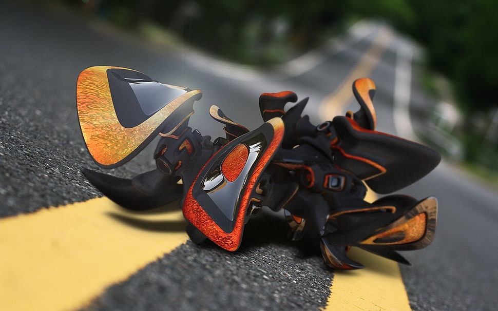black, orange, and red component on gray road HD wallpaper